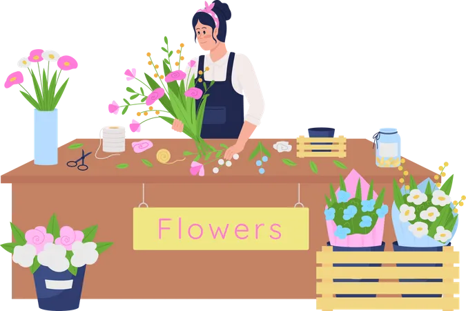 Fleuriste caucasien féminin faisant un arrangement floral  Illustration