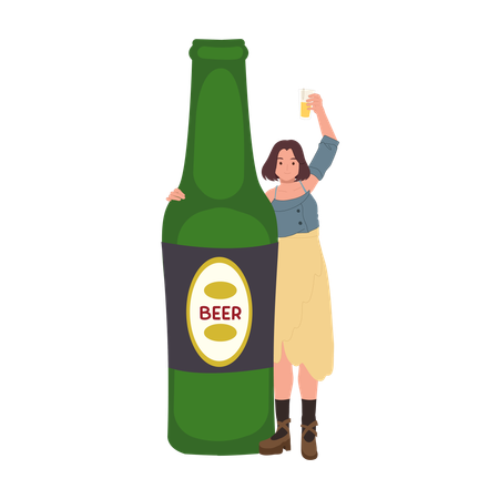 Femme célébrant avec une bouteille de bière surdimensionnée  Illustration