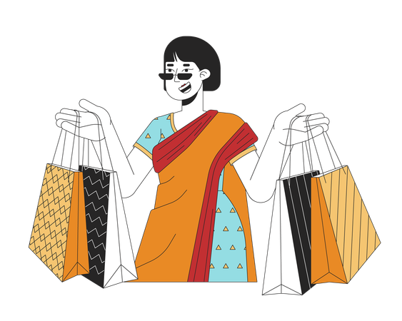 Femme célébrant Diwali avec des sacs-cadeaux  Illustration