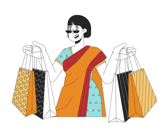 Femme célébrant Diwali avec des sacs-cadeaux  Illustration