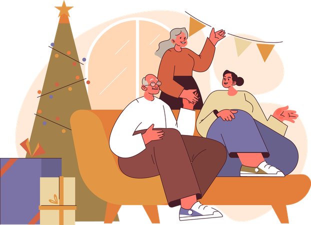 Une femme fête Noël avec ses grands-parents  Illustration