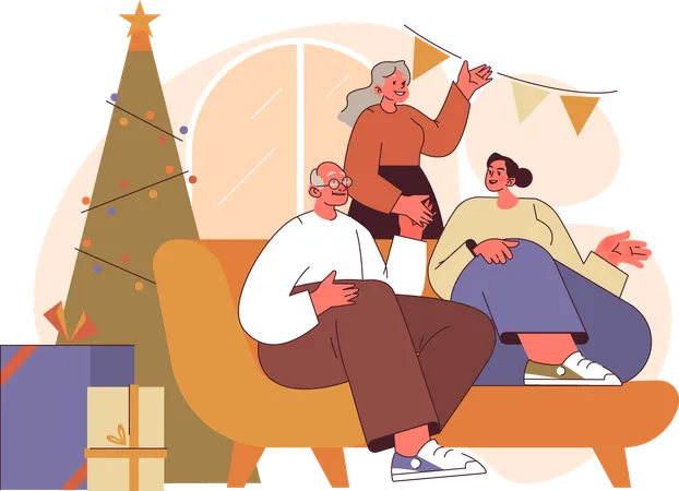 Une femme fête Noël avec ses grands-parents  Illustration