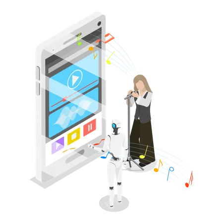 Une femme chante une chanson grâce à une technologie d'intelligence artificielle  Illustration