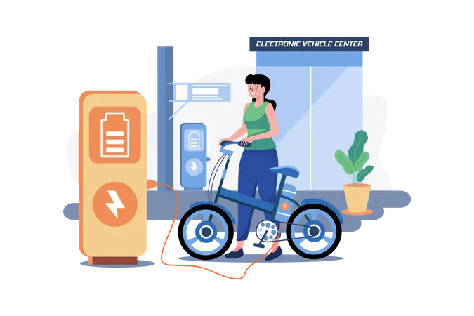 Une femme charge son vélo électrique au centre pour véhicules électroniques  Illustration