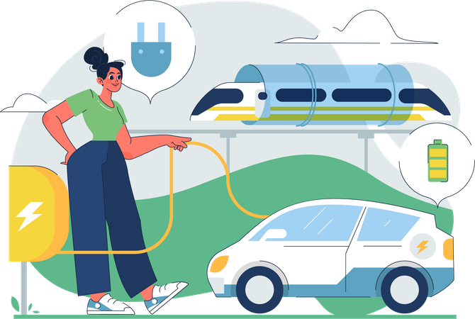 Une femme recharge une voiture écologique  Illustration