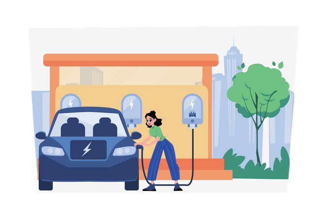 Une femme charge une voiture électrique au centre électrique  Illustration