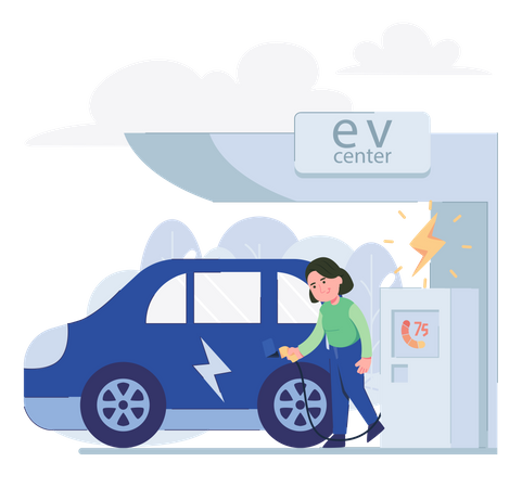 Une femme charge une voiture électrique à une centrale électrique  Illustration