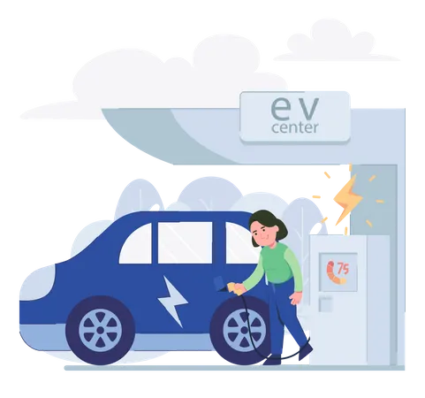 Une femme charge une voiture électrique à une centrale électrique  Illustration