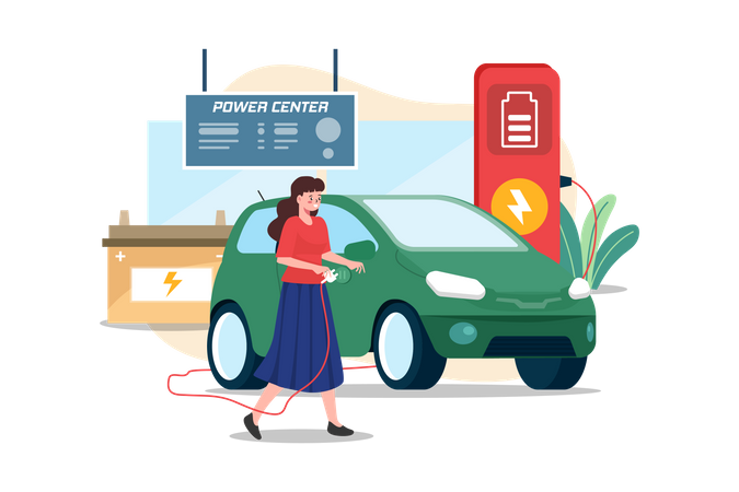 Une femme charge une voiture électrique au centre électrique  Illustration