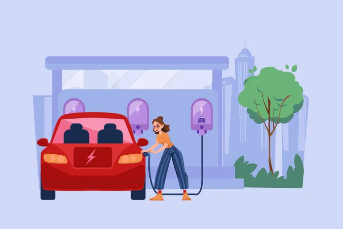 Une femme charge une voiture électrique au centre électrique  Illustration