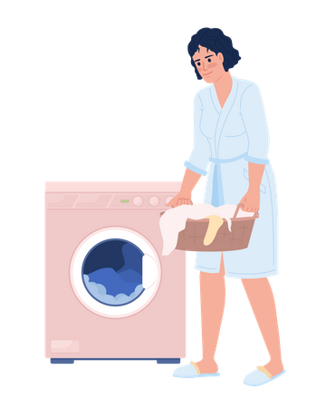 Femme chargeant une machine à laver avec du linge  Illustration