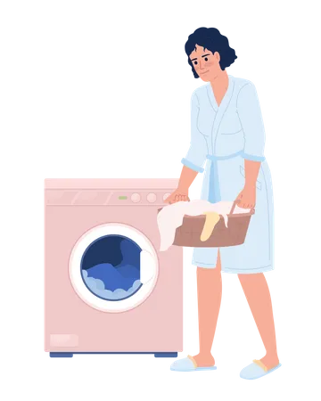 Femme chargeant une machine à laver avec du linge  Illustration