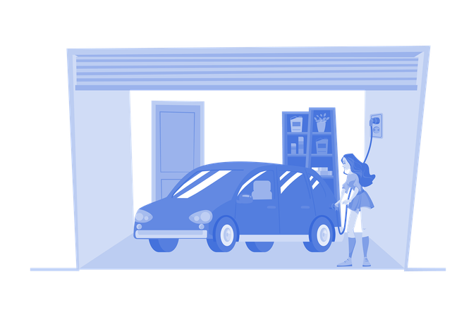 Femme chargeant une voiture électrique à la maison  Illustration