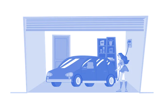 Femme chargeant une voiture électrique à la maison  Illustration