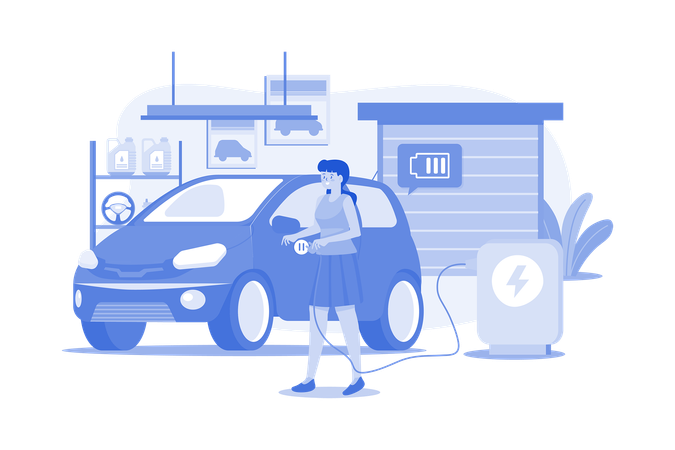 Femme chargeant une voiture électrique à la maison  Illustration