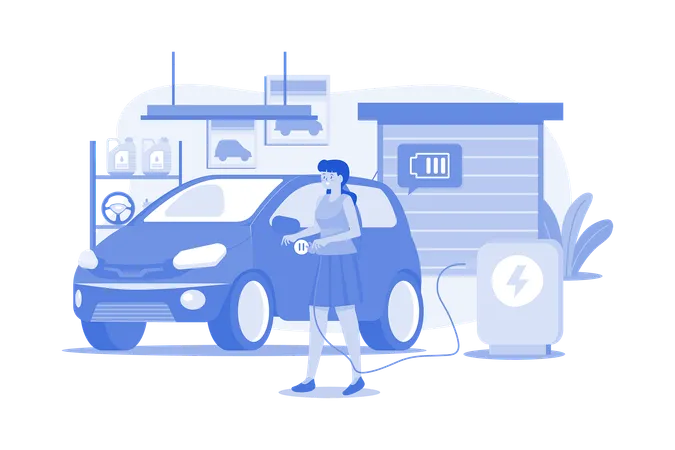 Femme chargeant une voiture électrique à la maison  Illustration