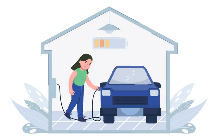 Femme chargeant une voiture électrique à la maison  Illustration