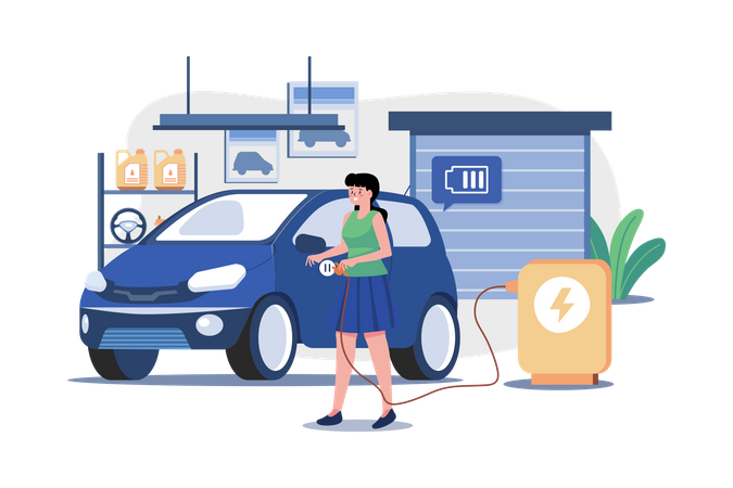 Femme chargeant une voiture électrique à la maison  Illustration