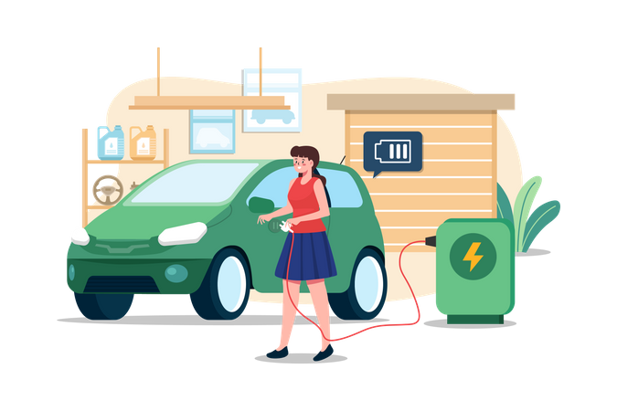 Femme chargeant une voiture électrique à la maison  Illustration