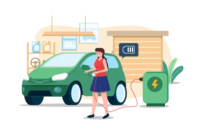 Femme chargeant une voiture électrique à la maison  Illustration