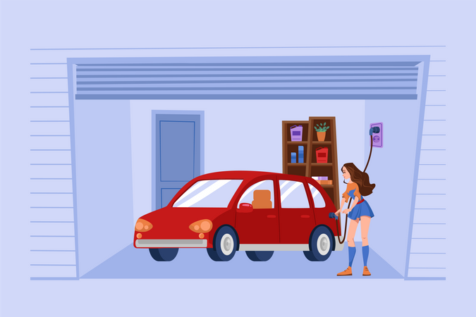 Femme chargeant une voiture électrique à la maison  Illustration