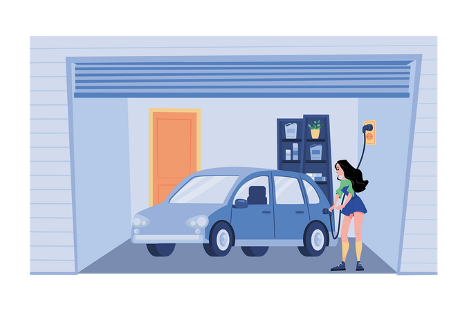 Femme chargeant une voiture électrique à la maison  Illustration