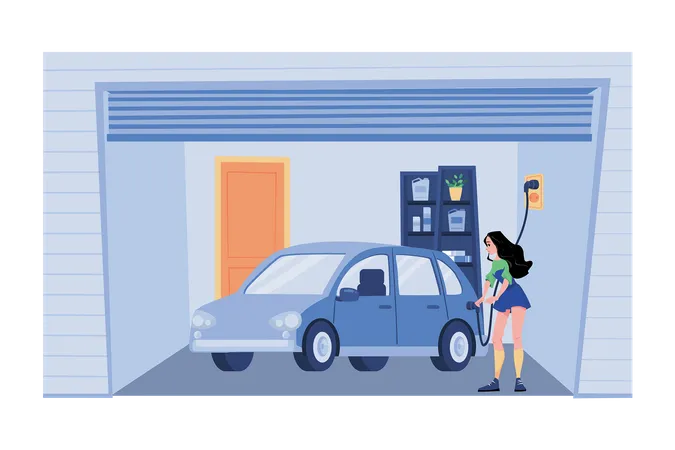 Femme chargeant une voiture électrique à la maison  Illustration