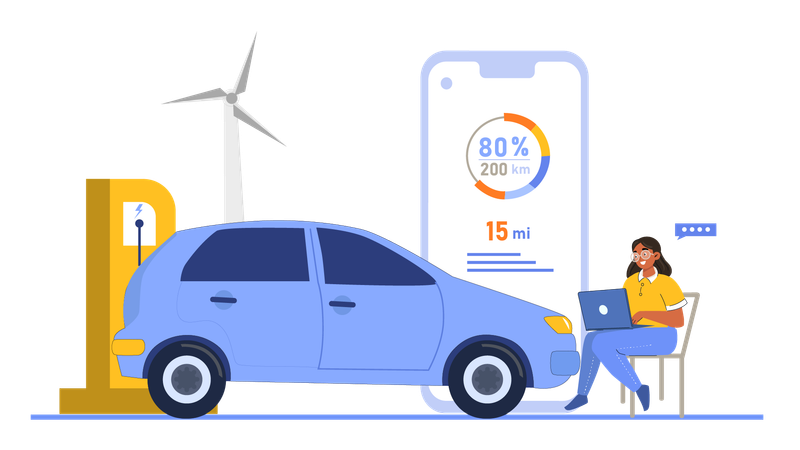 Femme chargeant une voiture électrique à la station de recharge  Illustration