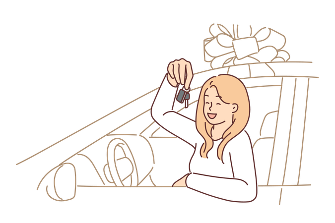 Femme conductrice avec la clé de la voiture donnée  Illustration