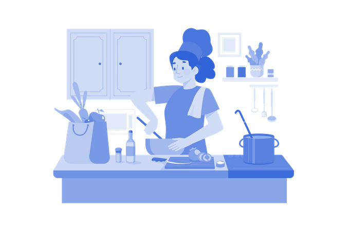 Femme chef cuisinier dans la cuisine  Illustration
