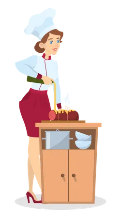 Femme chef cuisinant du jambon  Illustration