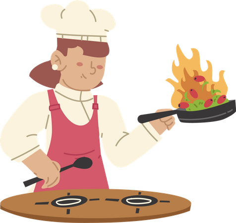 Femme chef cuisinant des plats chauds  Illustration