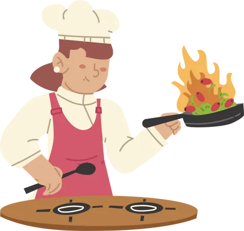 Femme chef cuisinant des plats chauds  Illustration