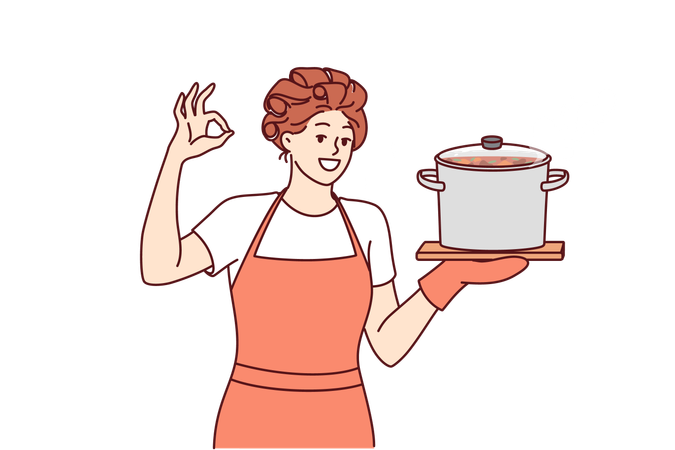 Le chef de femme cuisine la soupe dans la poêle  Illustration