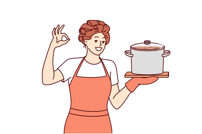 Le chef de femme cuisine la soupe dans la poêle  Illustration