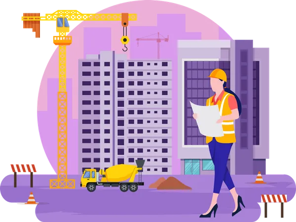 Gestionnaire de chantier de construction féminine vérifiant le travail  Illustration