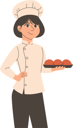 Cheffe debout avec un plateau de nourriture  Illustration