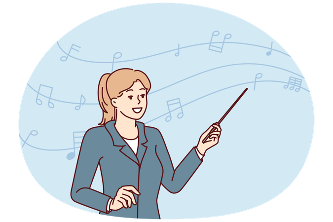 Une femme chef d'orchestre avec un pointeur à la main se tient près des notes sur une ligne ondulée  Illustration