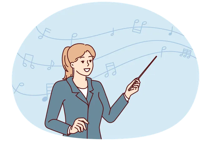 Une femme chef d'orchestre avec un pointeur à la main se tient près des notes sur une ligne ondulée  Illustration