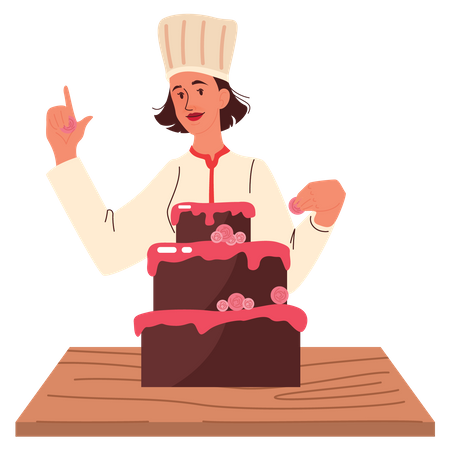 Femme chef faisant un gâteau  Illustration