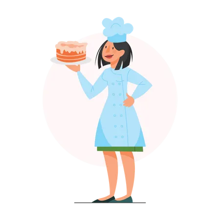 Femme chef tenant un gâteau  Illustration