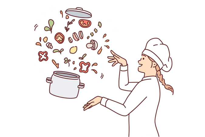 Une femme chef prépare une soupe de légumes debout près d'un pot volant avec des tranches de champignons et d'herbes  Illustration