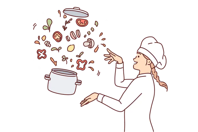 Une femme chef prépare une soupe de légumes debout près d'un pot volant avec des tranches de champignons et d'herbes  Illustration