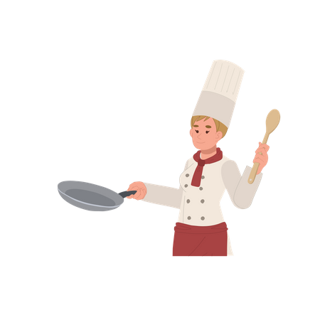 Femme chef tenant la poêle pendant la cuisson des aliments  Illustration