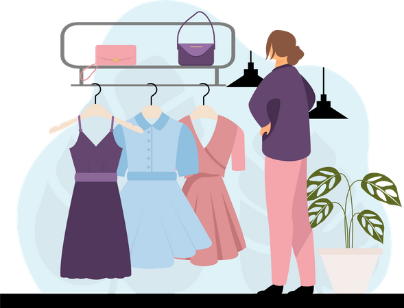 Femme cherchant à acheter une robe  Illustration