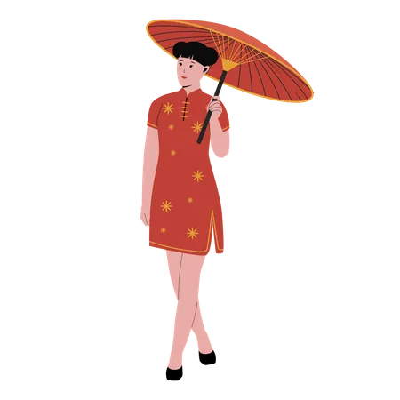 Femme chinoise en robe qipao rouge traditionnelle  Illustration