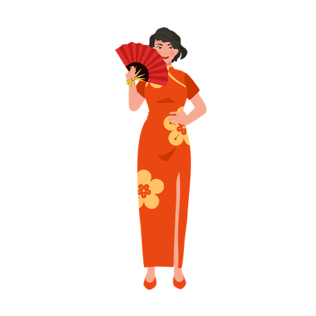 Femme chinoise pose avec un éventail traditionnel  Illustration