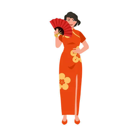 Femme chinoise pose avec un éventail traditionnel  Illustration