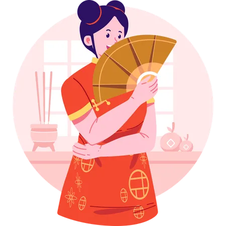 Femme chinoise tenant un éventail chinois  Illustration