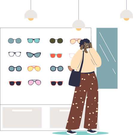 Femme choisissant des lunettes de soleil dans un magasin d'optique  Illustration